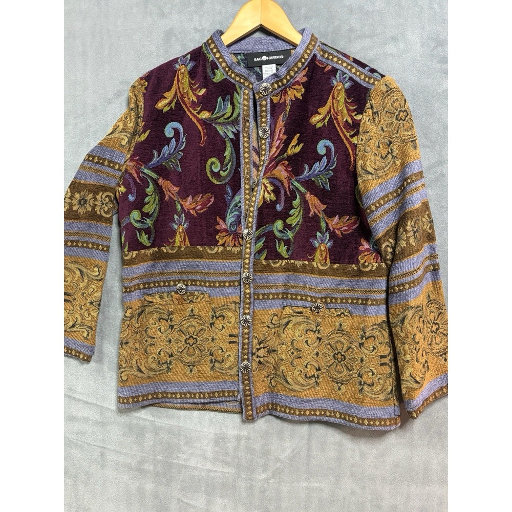 VTG Sag Harbor canvas purple multicolor tapestry jacket Front Pockets Size 10